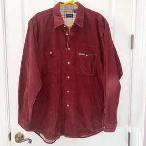 Izod mens heavy corduroy burgundy button down collared outdoor shirt, size large